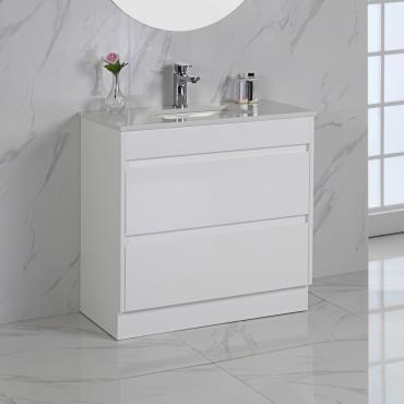 Leona Floor Vanity w/ Ceramic Top - White (Gloss)