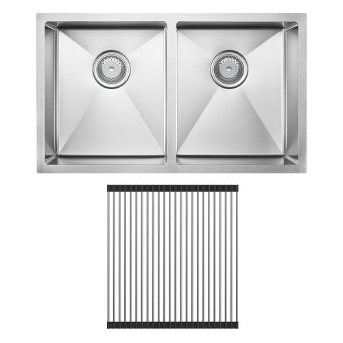 SINKS AND TROUGHS - Hana Anti-Scratch 27L/27l Double Bowl Sink - Stainless Steel, Kit (Includes Sink & Roll Up Drainer)