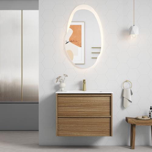 VANITIES - Venetta Framed Wall Hung Vanity - Harvest Oak, 750mm, Ceramic Top